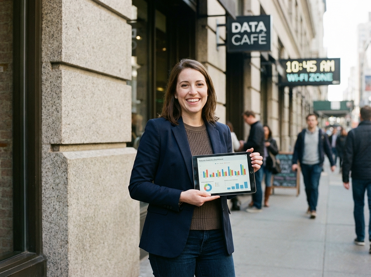 Femme souriante utilisant une tablette avec des analyses de site web