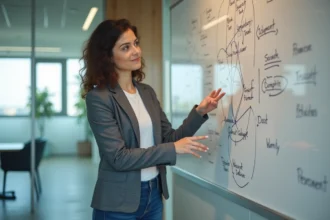Femme en blazer expliquant avec tableau interactif