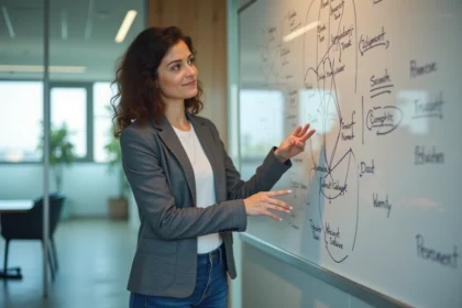 Femme en blazer expliquant avec tableau interactif