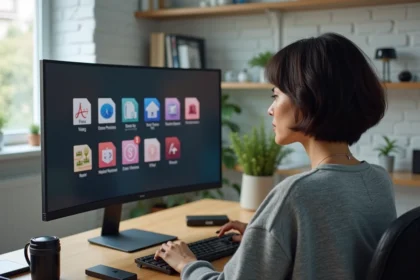 Femme en home office comparant des formats vidéo sur un grand écran incurvé pour choisir le meilleur format source avant conversion en MP4
