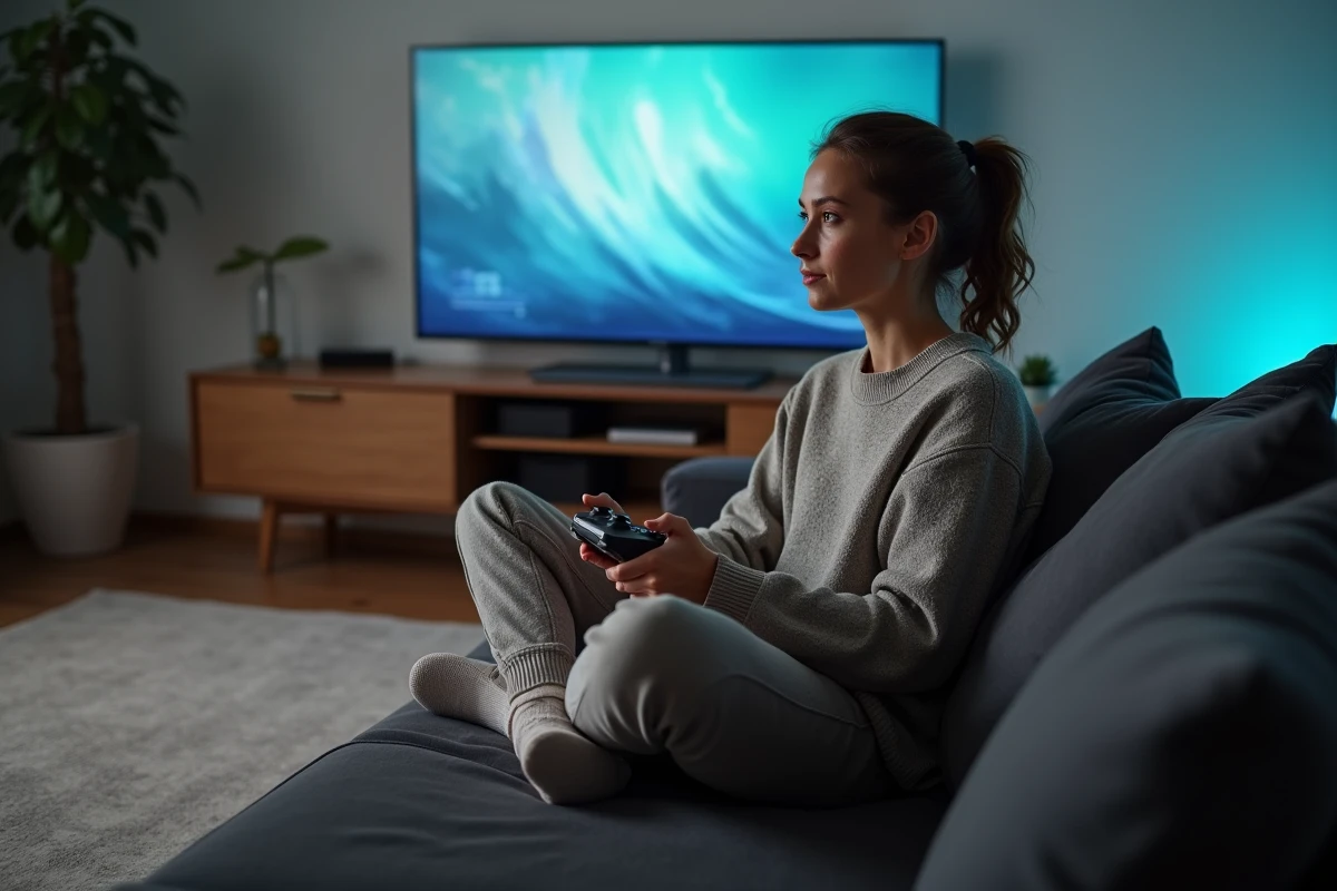 Femme jouant sur console next-gen Xbox dans un salon cosy avec télévision OLED et décoration scandinave