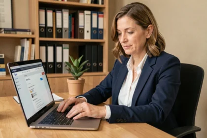 Femme en télétravail consultant sa messagerie IntraParis sur un ordinateur portable depuis son bureau à domicile