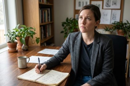 Femme en blazer écrivant idées de marques dans un bureau moderne