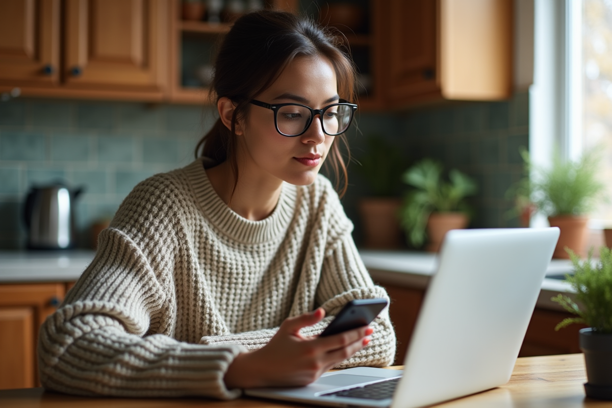 Jeune femme utilisant un smartphone et un ordinateur dans une cuisine chaleureuse