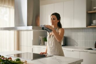 Femme entretenant une hotte aspirante en inox au-dessus d'un îlot de cuisine moderne