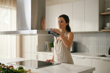 Femme entretenant une hotte aspirante en inox au-dessus d'un îlot de cuisine moderne