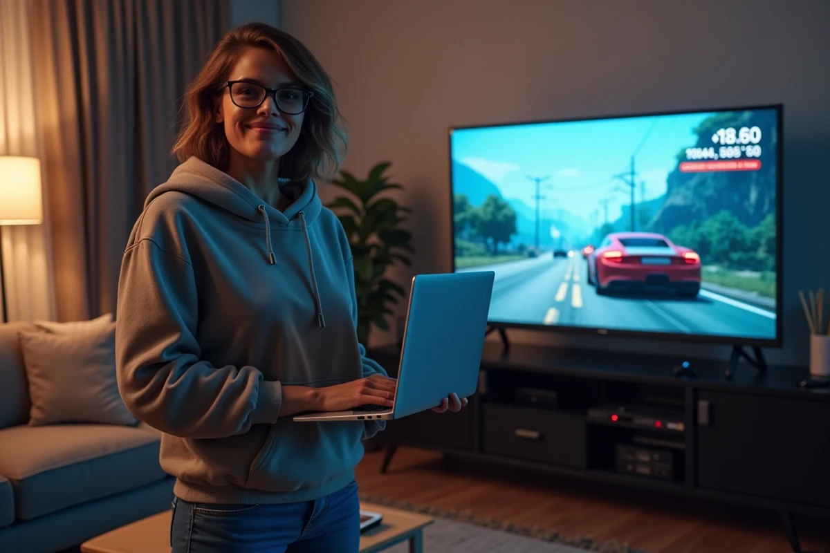 Femme souriante jouant à GTA V sur grand écran