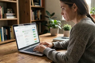 Femme consultant l'historique de navigation Google sur son ordinateur portable dans un bureau à domicile, illustrant la collecte de données personnelles en ligne