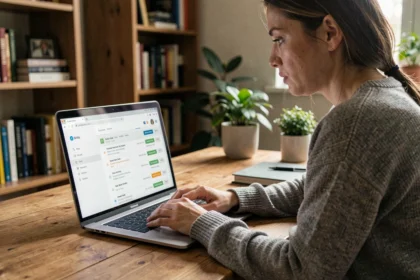 Femme consultant l'historique de navigation Google sur son ordinateur portable dans un bureau à domicile, illustrant la collecte de données personnelles en ligne
