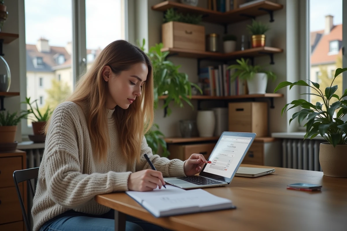 Femme dans son intérieur configurant ses mails sur tablette