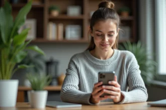 Femme inspectant un iPhone 13 mini reconditionné à son bureau, vérifiant l'état de l'écran avant achat