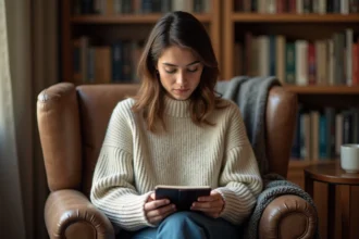 Femme lisant un livre au format Kindle sur une liseuse électronique, installée dans un fauteuil en cuir avec une bibliothèque en arrière-plan