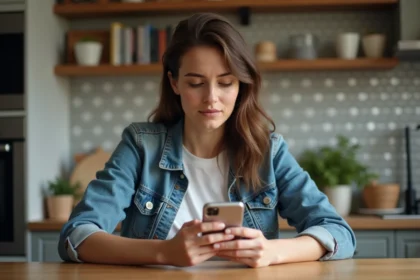Femme en denim et t-shirt blanc utilisant son iPhone dans la cuisine
