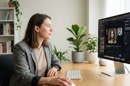 Jeune femme en bureau moderne regardant un écran d'IA