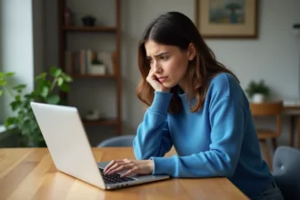 Jeune femme frustrée devant son ordinateur à la maison