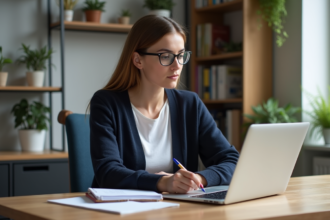 Jeune femme en bureau lisant un cours SEO sur son ordinateur