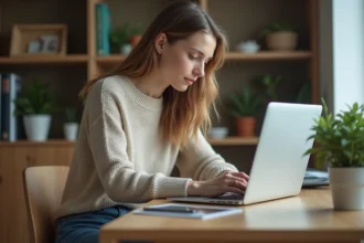 Jeune femme organisant des photos sur son ordinateur à la maison