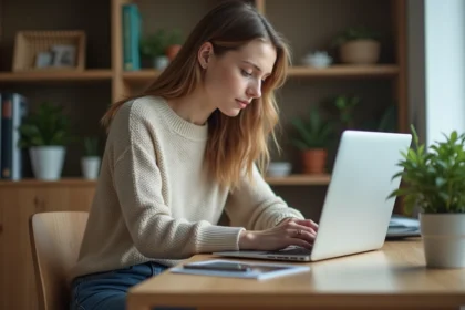 Jeune femme organisant des photos sur son ordinateur à la maison
