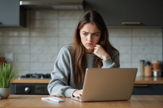 Jeune femme tente de se connecter sur un ordinateur portable