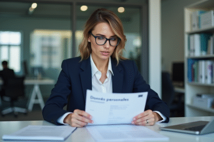 Femme en costume navy examinant des documents de données personnelles