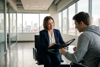 Femme d affaires souriante dans un bureau moderne