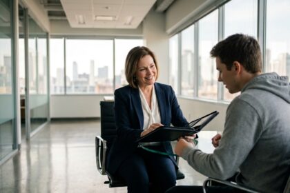 Femme d affaires souriante dans un bureau moderne