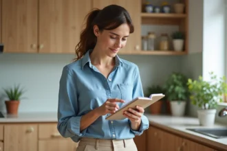Femme lisant une checklist dans une cuisine moderne