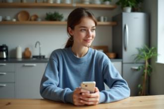 Jeune femme tenant un smartphone dans une cuisine moderne