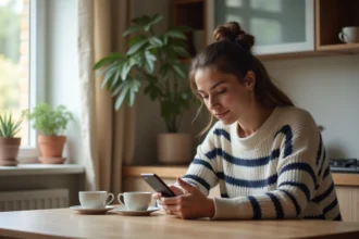 Jeune femme concentrée utilisant son smartphone dans la cuisine