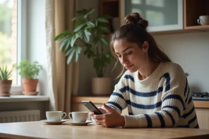 Jeune femme concentrée utilisant son smartphone dans la cuisine