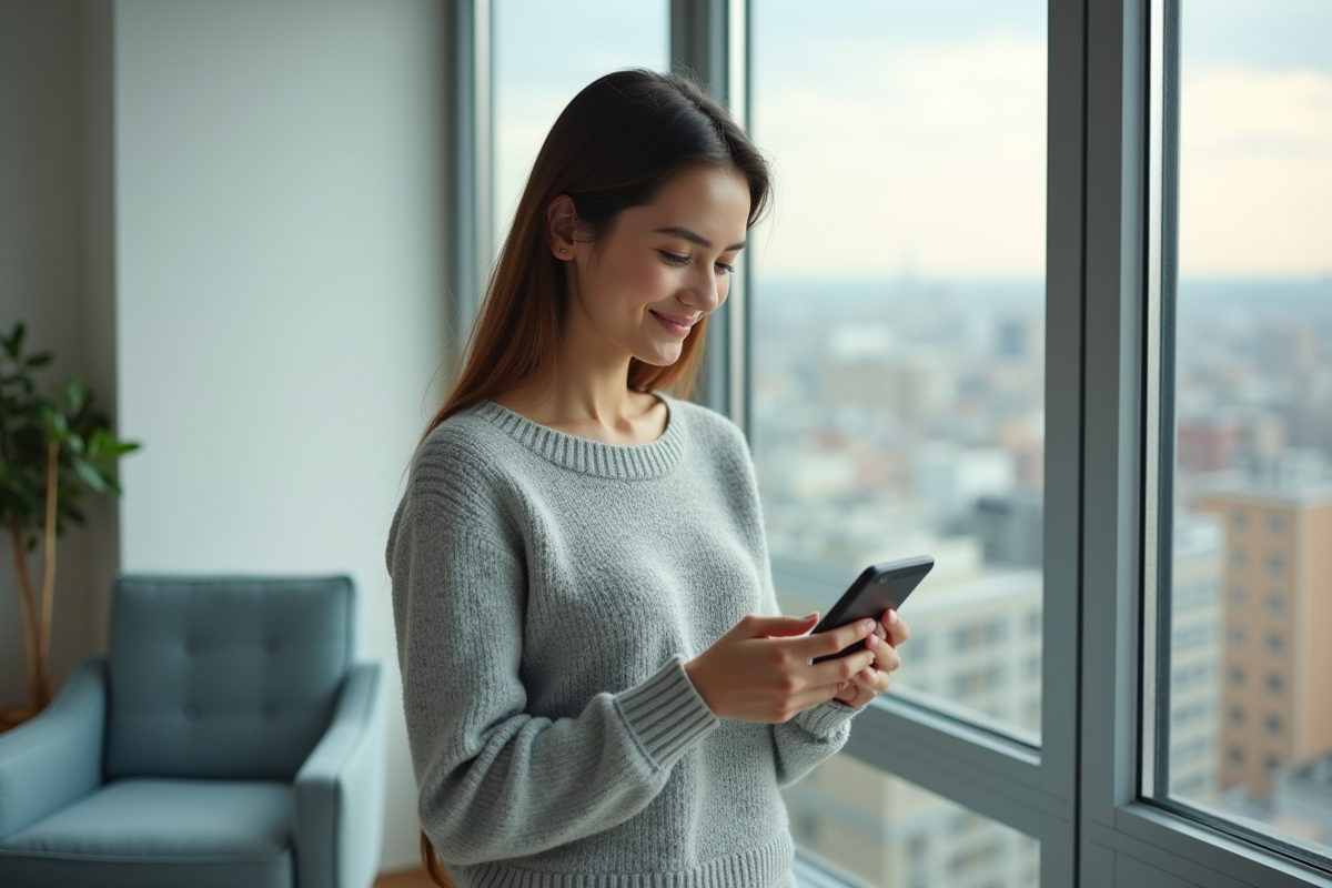 Femme souriante utilisant son smartphone près de la fenêtre