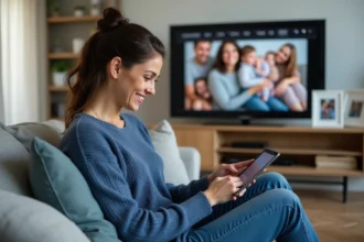 Femme souriante utilisant une tablette dans un salon moderne