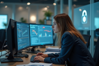 Femme concentrée surveillant des écrans en sécurité informatique