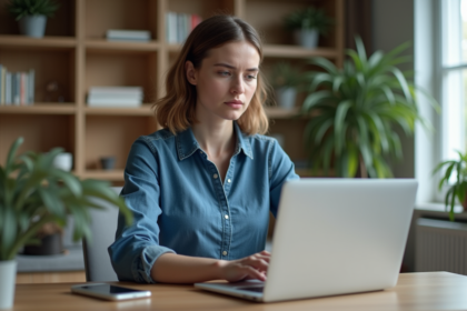 Jeune femme au bureau à domicile vérifiant un email suspect