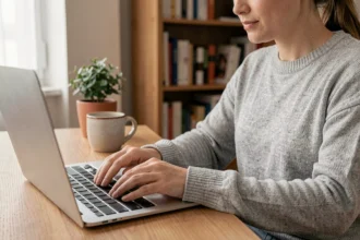 Femme en télétravail cherchant le symbole arobase sur le clavier de son ordinateur portable