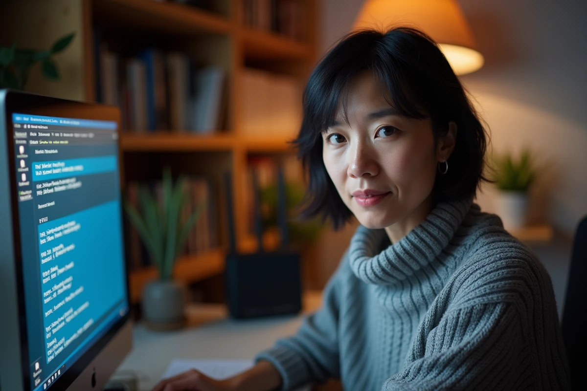 Femme en télétravail consultant les paramètres de son routeur domestique affichant des adresses IP privées sur son écran d'ordinateur