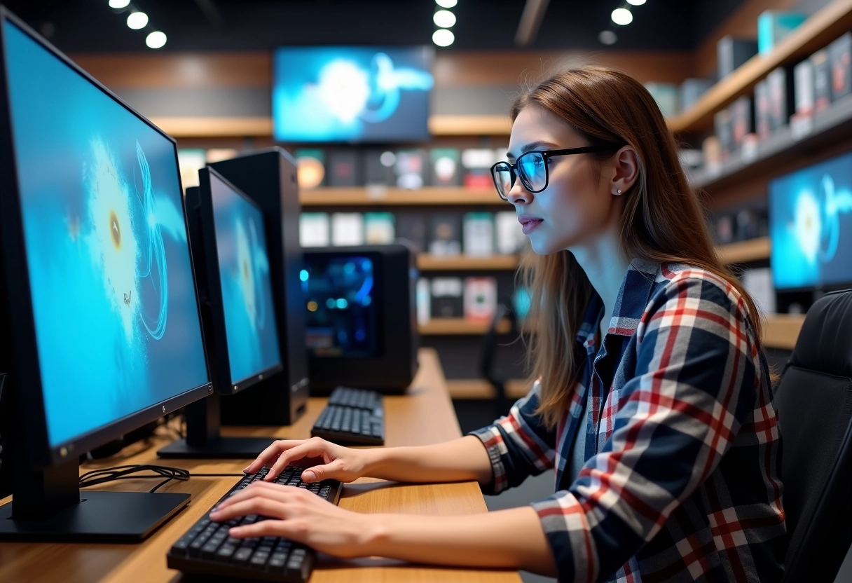 Femme curieuse testant un PC gaming en magasin
