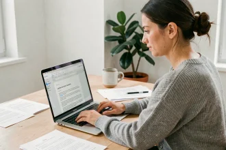 Femme utilisant un logiciel de traitement de texte gratuit sur MacBook dans un bureau à domicile minimaliste