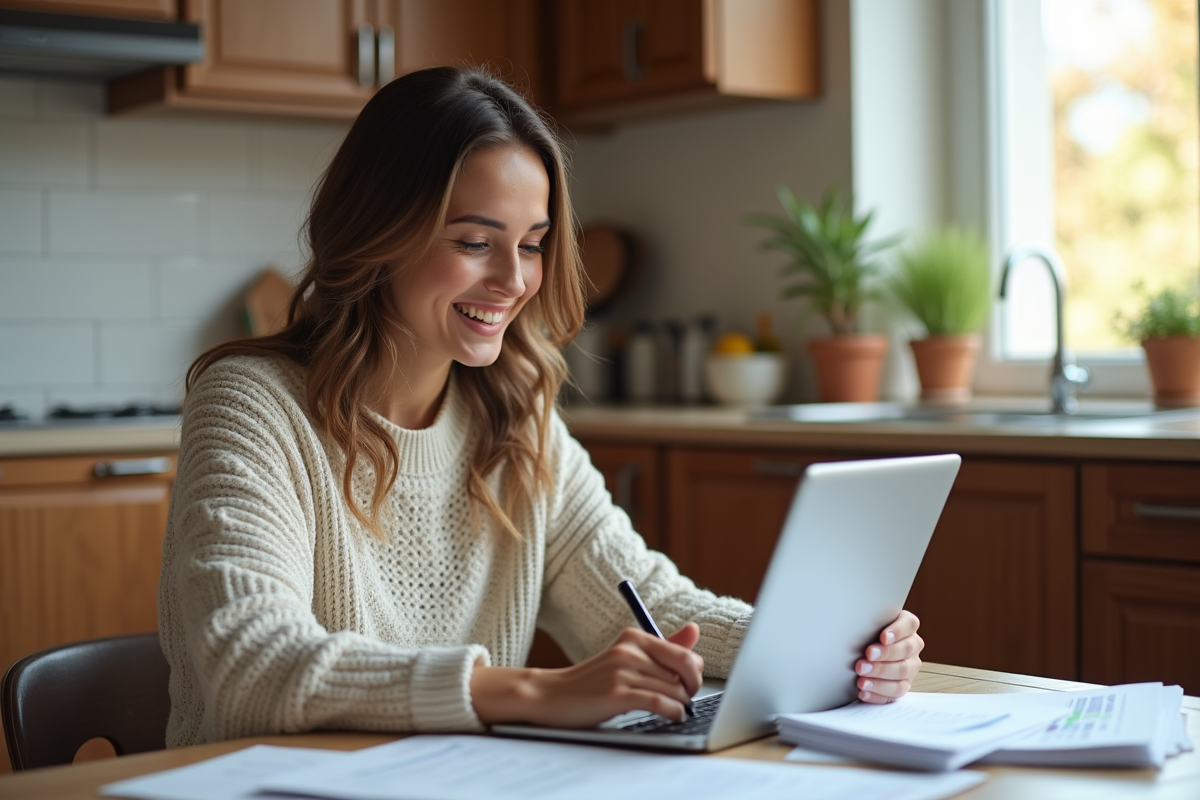 Jeune femme détendue travaille à la maison avec tablette et papiers