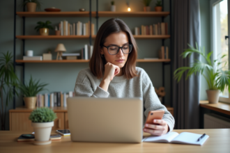 Femme concentrée travaillant à domicile sur son ordinateur