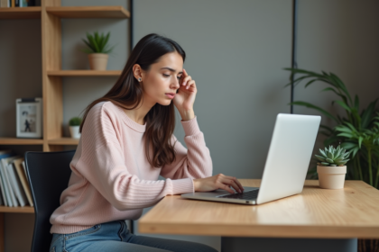 Jeune femme au bureau à domicile regardant un message d'erreur