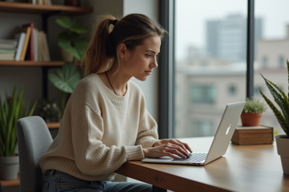 Jeune femme travaillant sur son ordinateur à la maison