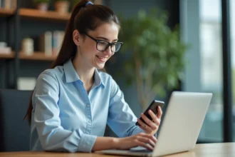 Jeune femme au bureau utilisant son smartphone et son ordinateur