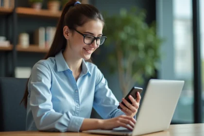 Jeune femme au bureau utilisant son smartphone et son ordinateur