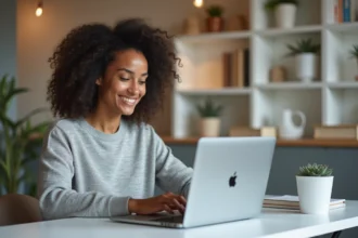 Femme consultant un site de veille technologique sur son MacBook dans un bureau home office moderne et épuré