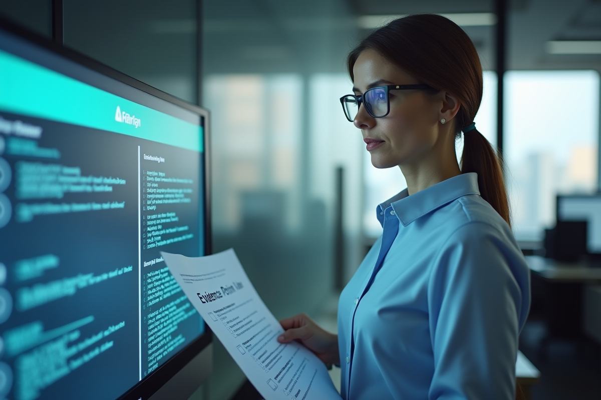 Femme vérifiant une alerte de sécurité sur son écran dans un bureau