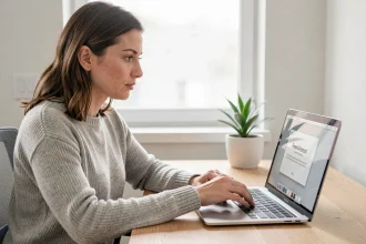 Femme utilisant un MacBook Pro avec une boîte de dialogue d'application gelée affichée à l'écran dans un bureau minimaliste