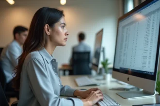 Femme utilisant Excel sur un grand écran pour figer des lignes dans un environnement de bureau moderne