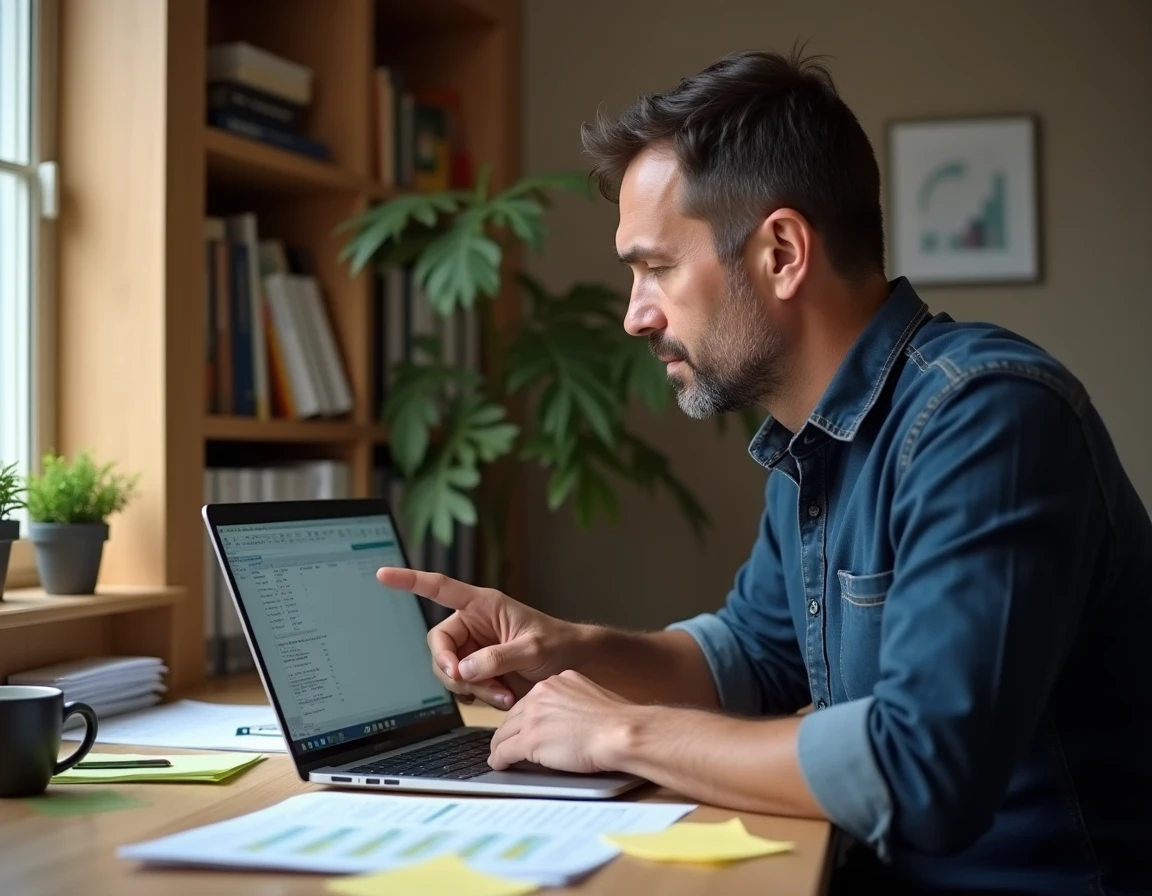 Homme pointant vers un menu Excel sur laptop pour apprendre à figer plusieurs lignes depuis son bureau à domicile