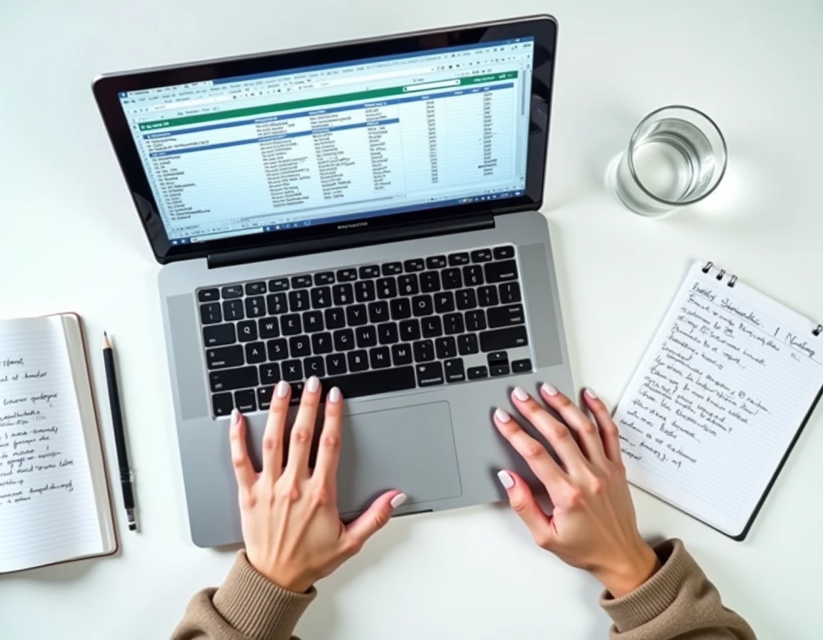 Vue aérienne d'un bureau avec un laptop affichant des lignes figées dans Excel entouré de notes manuscrites